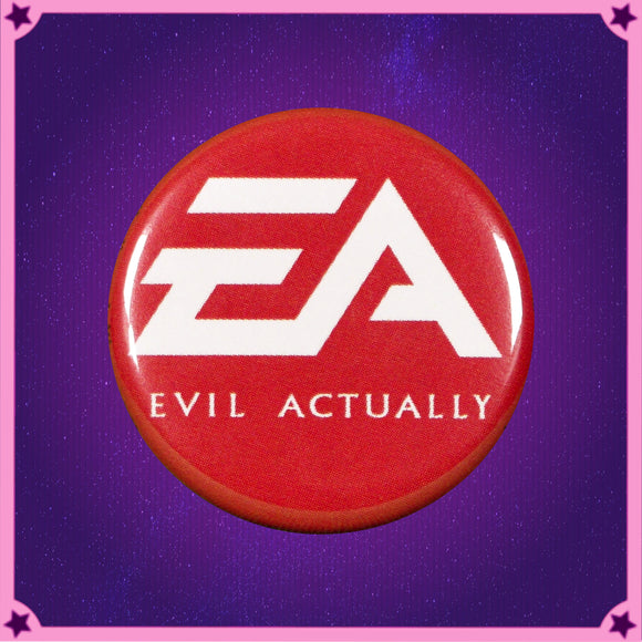 Parody logo of Electronic Arts, reading Evil Actually in red text on white background