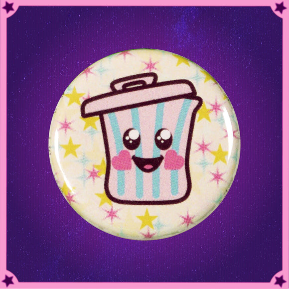 Pink trashcan with smiling face and blue detailing, cream background featuring yellow, pink, and blue stars