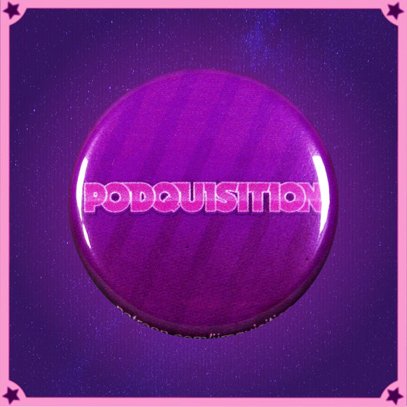 Podquisition logo, show title rendered in pink and purple on purple background