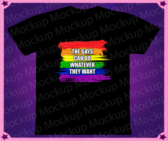 A Mockup of how the The Gays can do whatever they want design will look on a black t-shirt. The design is a horizontal pride rainbow stylised as painted lines, with bold text on it reading 