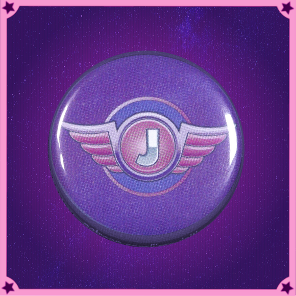 The Jimquisition logo, a silver J on a pink circle, ringed by purple, with pink wings