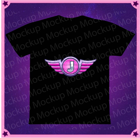A Mockup of how the jimquisition logo will look on a black t-shirt. The Jimquisition logo is a silver J on a pink circle, ringed by purple, with pink wings
